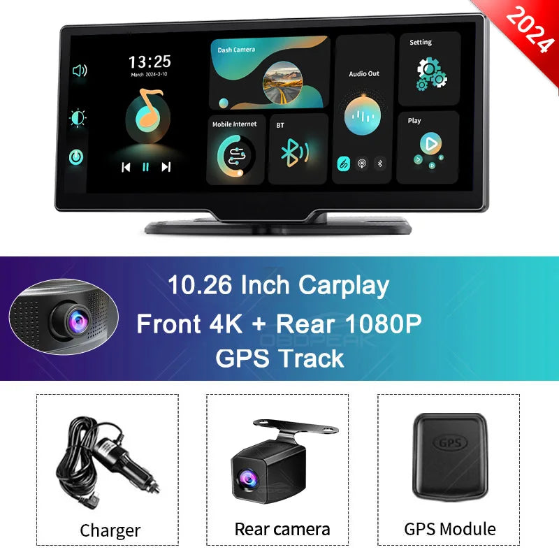 K2 2.0 Dash Cam 10.26" 4K Car Dvr Camera Carplay & Android Auto GPS Navigation Rearview Mirror Dashboard Video Recorder