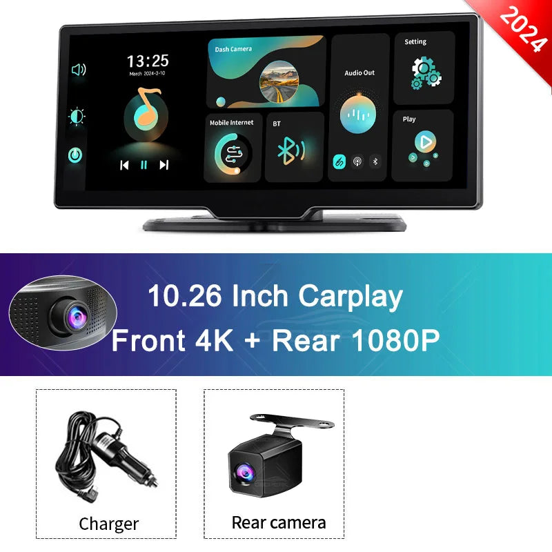 K2 2.0 Dash Cam 10.26" 4K Car Dvr Camera Carplay & Android Auto GPS Navigation Rearview Mirror Dashboard Video Recorder